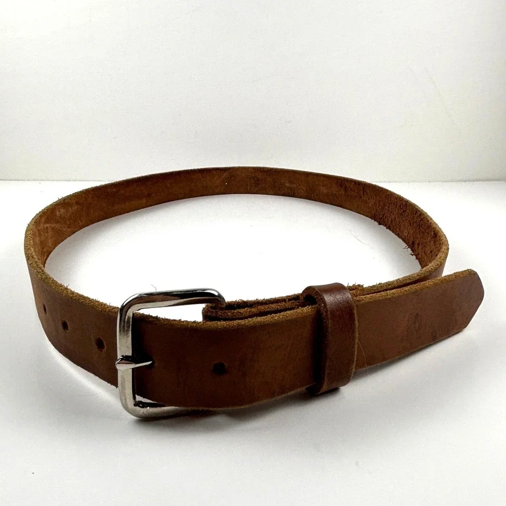 Mens Leather Belt Brown‎ Silver Buckle Casual Workwear Size 38 Western Utility
